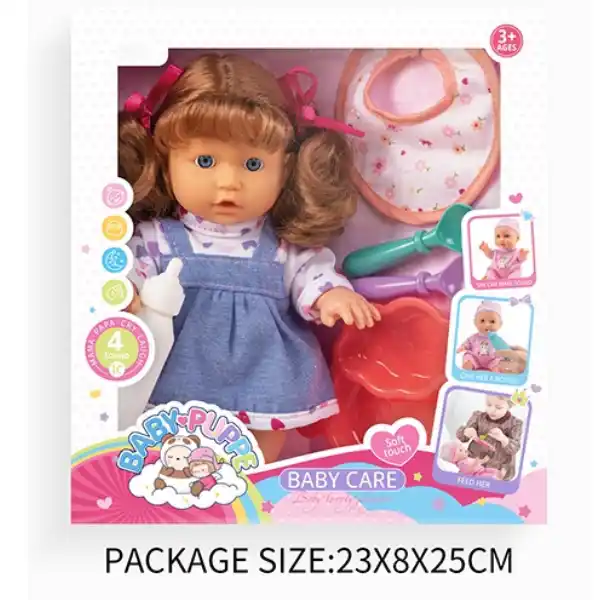 Păpușă muzicală în rochiță albastră și bluziță cu inimioare