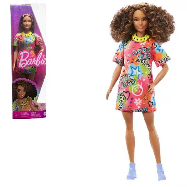 Papușa Barbie “Fashionista cu părul  negru și rochie cu graffiti”