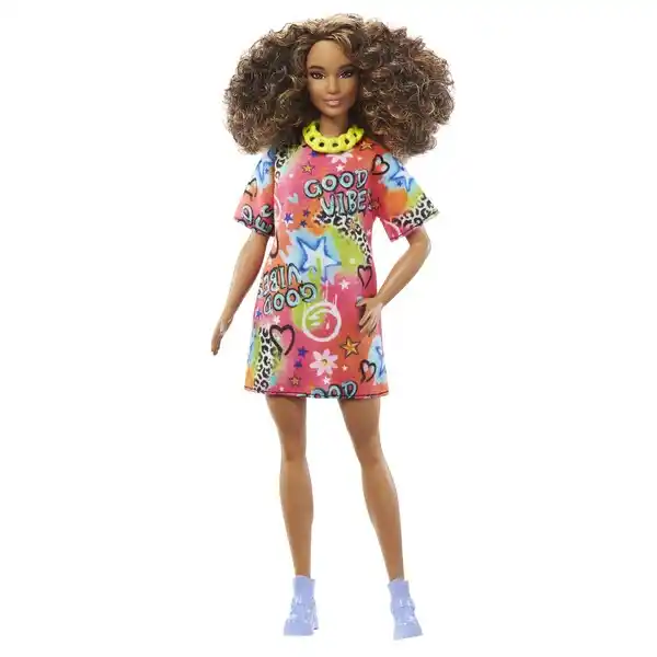 Papușa Barbie “Fashionista cu părul  negru și rochie cu graffiti”