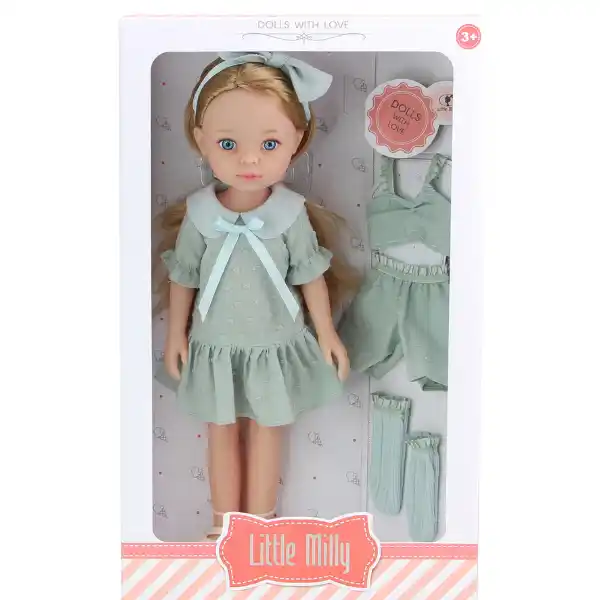 Păpușa „Mica Milly”, în rochie azurie, 33 cm