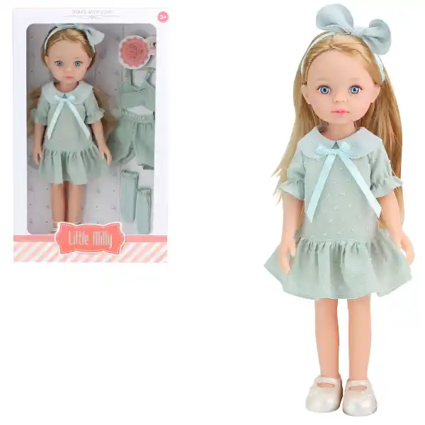 Păpușa „Mica Milly”, în rochie azurie, 33 cm