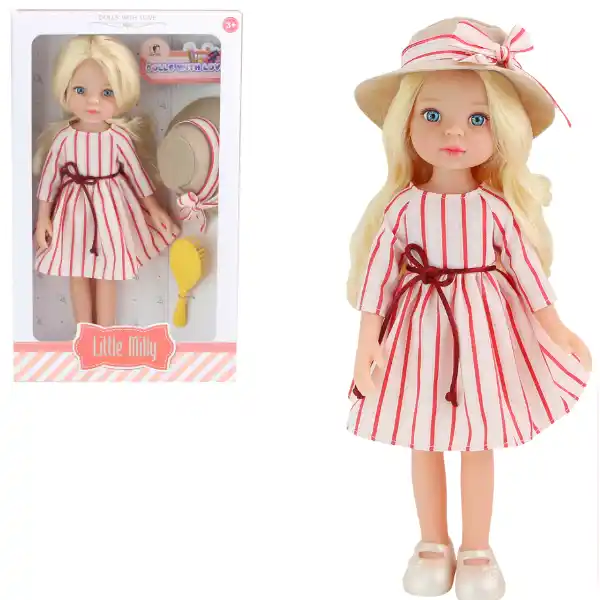 Păpușa „Mica Milly”, în rochie alb-roșie, 33 cm