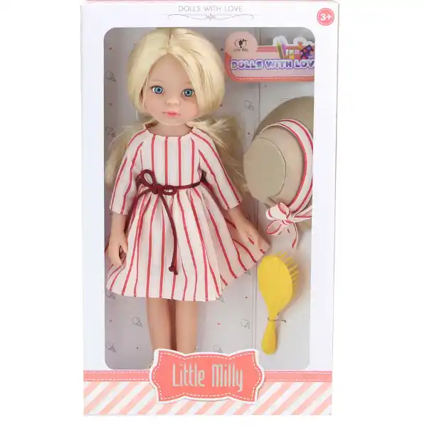 Păpușa „Mica Milly”, în rochie alb-roșie, 33 cm