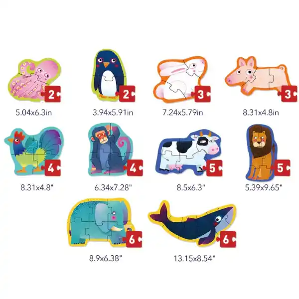 Seria de puzzle-uri „Animale”, 10 în 1, nivelul 1