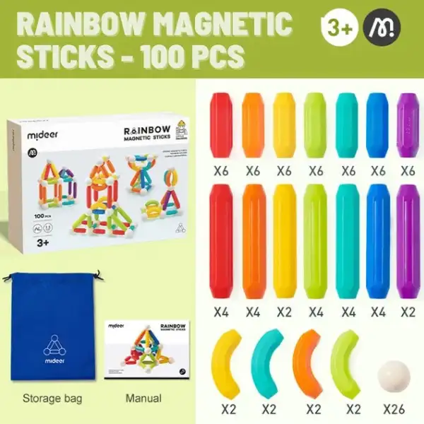 Set de construcție magnetic „Cilindri în culori de curcubeu”, 100 buc.