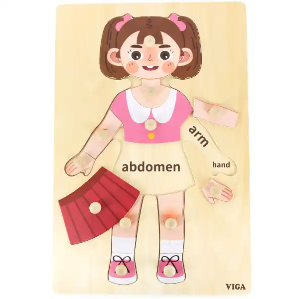 Деревянный пазл с кнопкой "Девочка - Изучаем части тела", 11 элем.