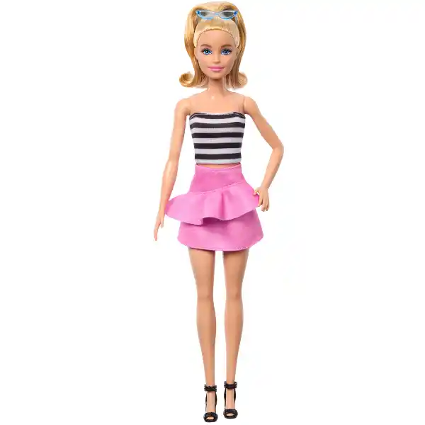 Papușa Barbie „Fashionista în top cu dungi și fustă roz”