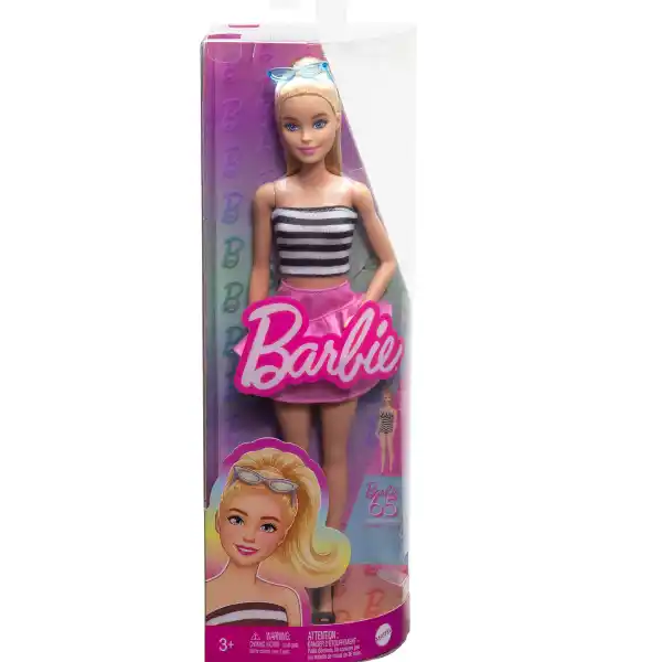 Papușa Barbie „Fashionista în top cu dungi și fustă roz”