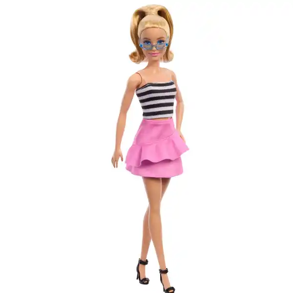Papușa Barbie „Fashionista în top cu dungi și fustă roz”