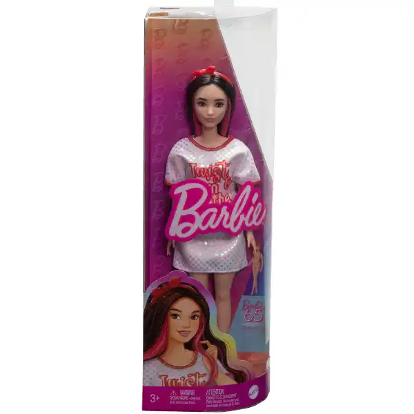 Papușa Barbie „Fashionista cu păr negru ondulat cu rochie Twist ‘n’ Turn”