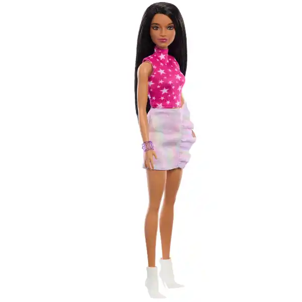 Papușa Barbie "Fashionista cu păr negru drept și fustă iridescentă"