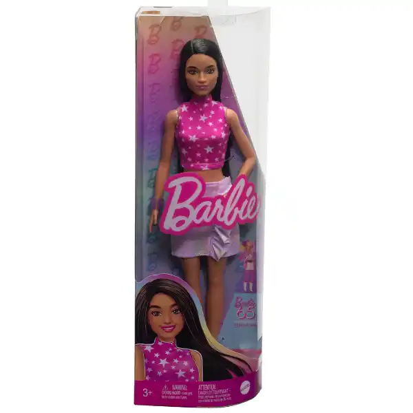 Papușa Barbie "Fashionista cu păr negru drept și fustă iridescentă"