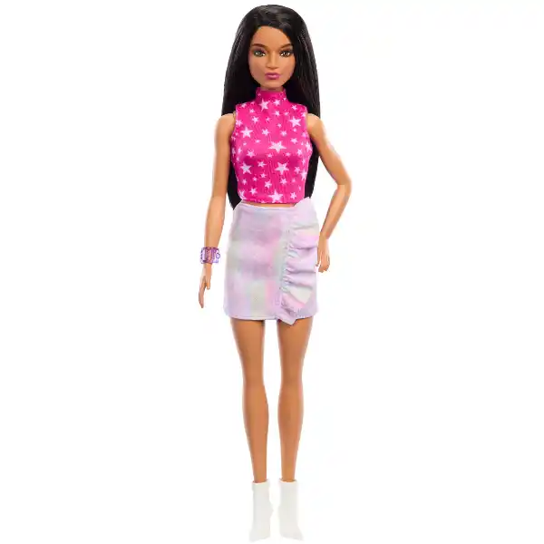 Papușa Barbie "Fashionista cu păr negru drept și fustă iridescentă"