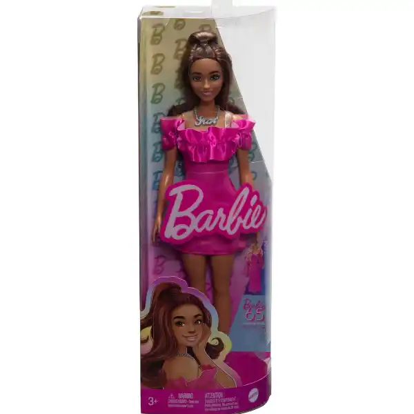 Papușa Barbie „Fashionista cu părul ondulat șaten și o rochie roz”