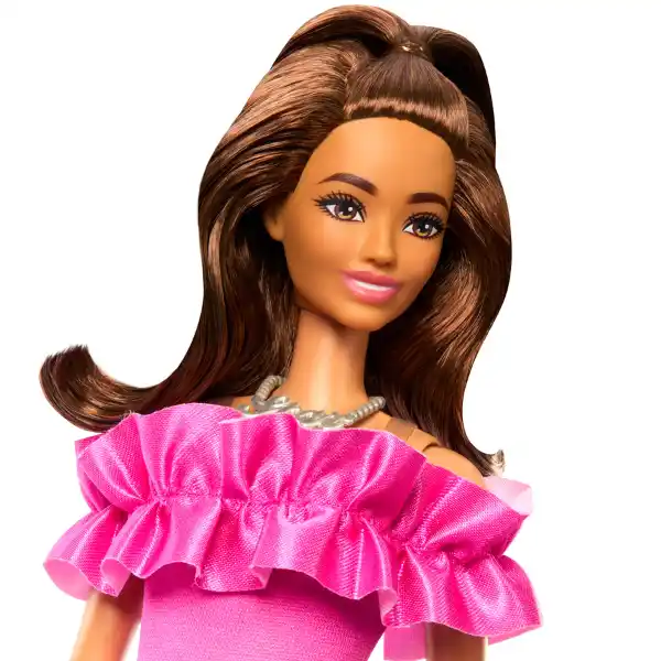 Papușa Barbie „Fashionista cu părul ondulat șaten și o rochie roz”