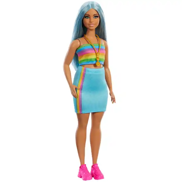Papușa Barbie „Fashionista cu părul albastru, bluză curcubeu și fustă de culoare verde-vișinie”