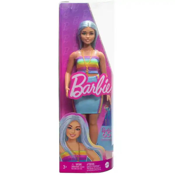 Papușa Barbie „Fashionista cu părul albastru, bluză curcubeu și fustă de culoare verde-vișinie”