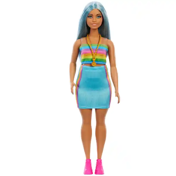 Papușa Barbie „Fashionista cu părul albastru, bluză curcubeu și fustă de culoare verde-vișinie”