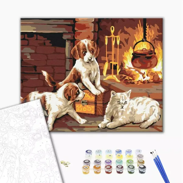Pictură pe numere 40*50 cm (în cutie) – Animalele dragi lângă șemineu