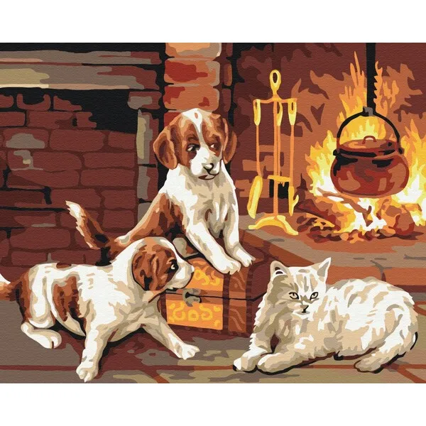 Pictură pe numere 40*50 cm (în cutie) – Animalele dragi lângă șemineu