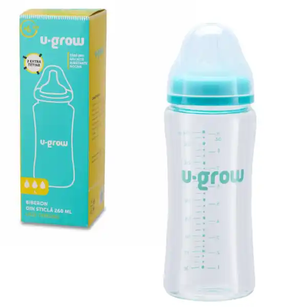 Стеклянная бутылочка для кормления, 260 мл, с 2 дополнительными сосками