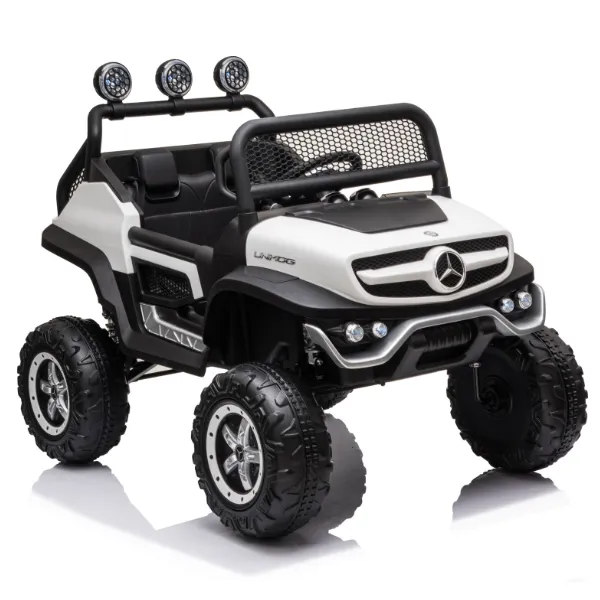 Masinuta electrica MERCEDES BENZ UNIMOG, 12V14Ah, motor 25Wx4, roți EVA, scaune din piele