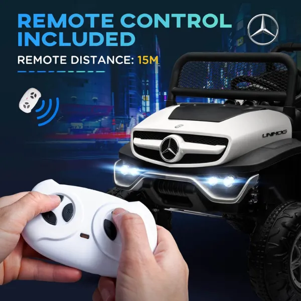 Masinuta electrica MERCEDES BENZ UNIMOG, 12V14Ah, motor 25Wx4, roți EVA, scaune din piele