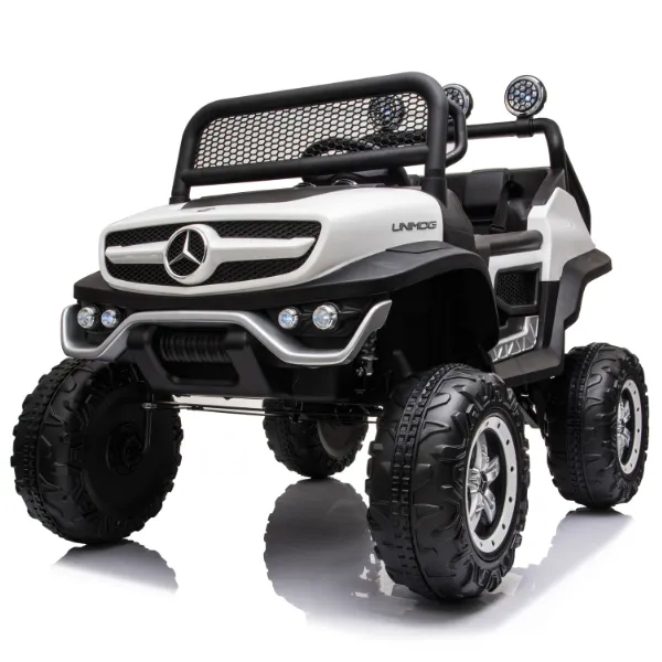 Masinuta electrica MERCEDES BENZ UNIMOG, 12V14Ah, motor 25Wx4, roți EVA, scaune din piele