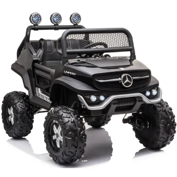 Masinuta electrica MERCEDES BENZ UNIMOG, 12V14Ah, motor 25Wx4, roți EVA, scaune din piele
