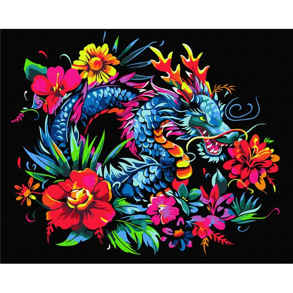 Pictură pe numere 40*50 сm (pânză neagră/fără cutie) – Dragonul în flori