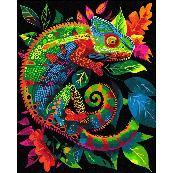Pictură pe numere 40*50 сm (pânză neagră/fără cutie) – Cameleon neon