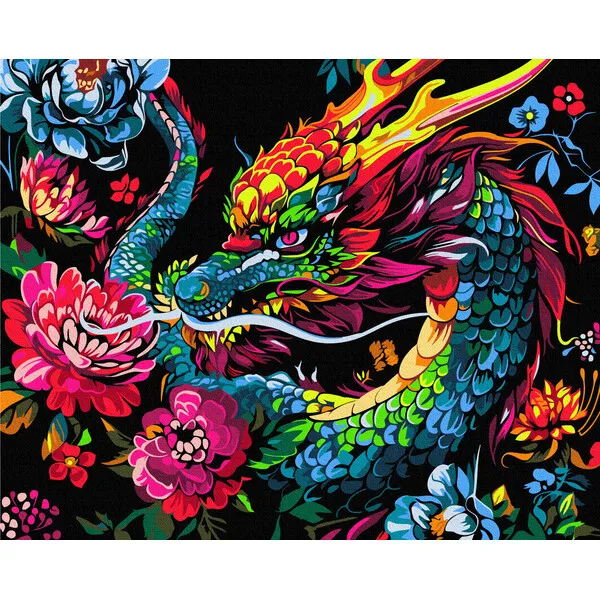 Pictură pe numere 40*50 сm (pânză neagră/fără cutie) – Un dragon în flori