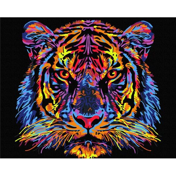 Pictură pe numere 40*50 сm (pânză neagră/fără cutie) – Tigru multicolor
