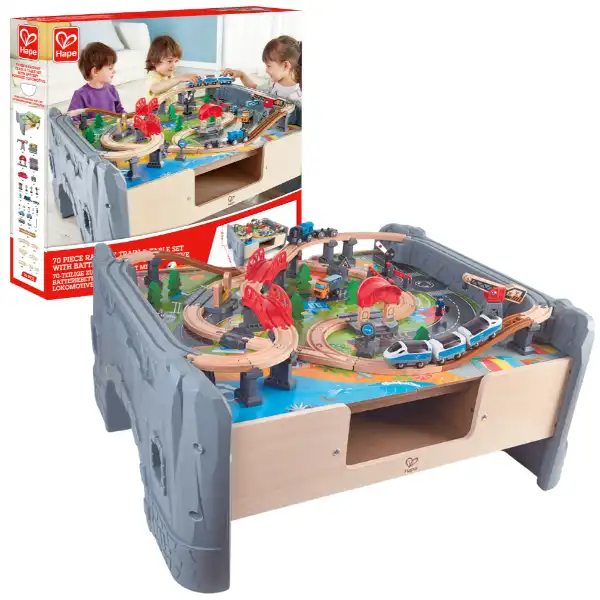 Деревянная железная дорога с локомотивом и аксессуарами, 70 элементов