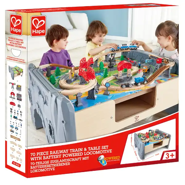 Деревянная железная дорога с локомотивом и аксессуарами, 70 элементов