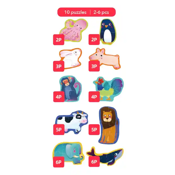 Seria de puzzle-uri „Animale”, 10 în 1, nivelul 1