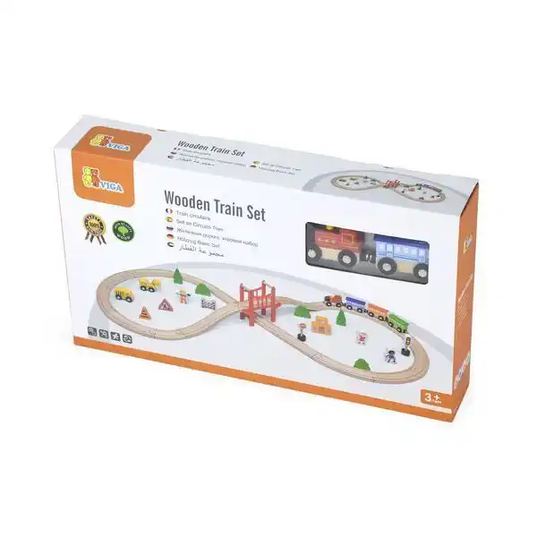 Деревянная железная дорога с поездом и аксессуарами, 39 элементов