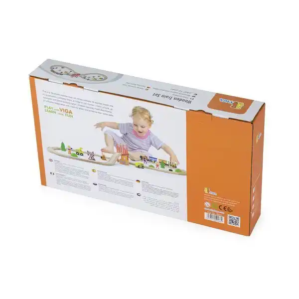 Деревянная железная дорога с поездом и аксессуарами, 39 элементов