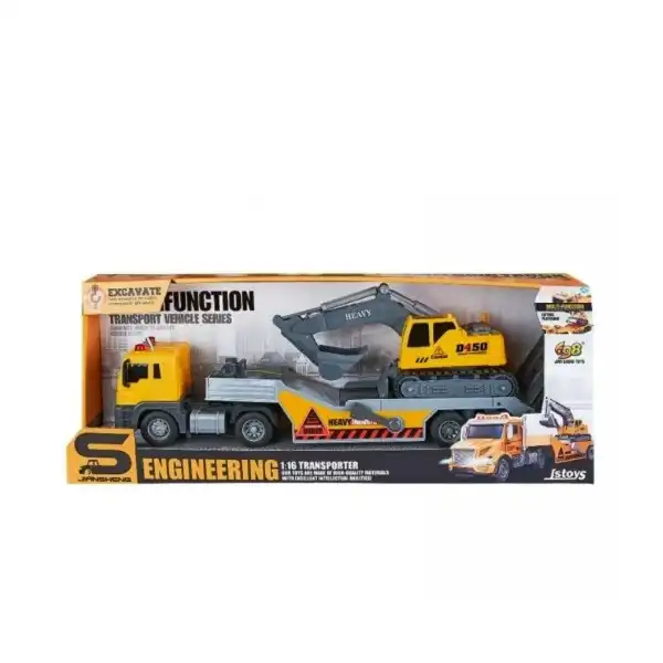 Camion transportator cu excavator, frictiune, sunete si lumini, 1:16