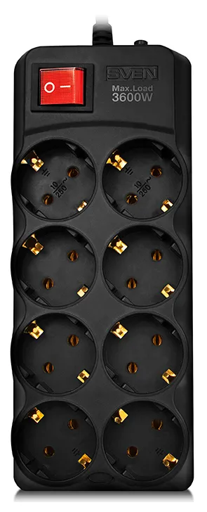 Surge Protector  8 Sockets,  1.8m, Sven "SF-08-16", Black, flame-retardant material