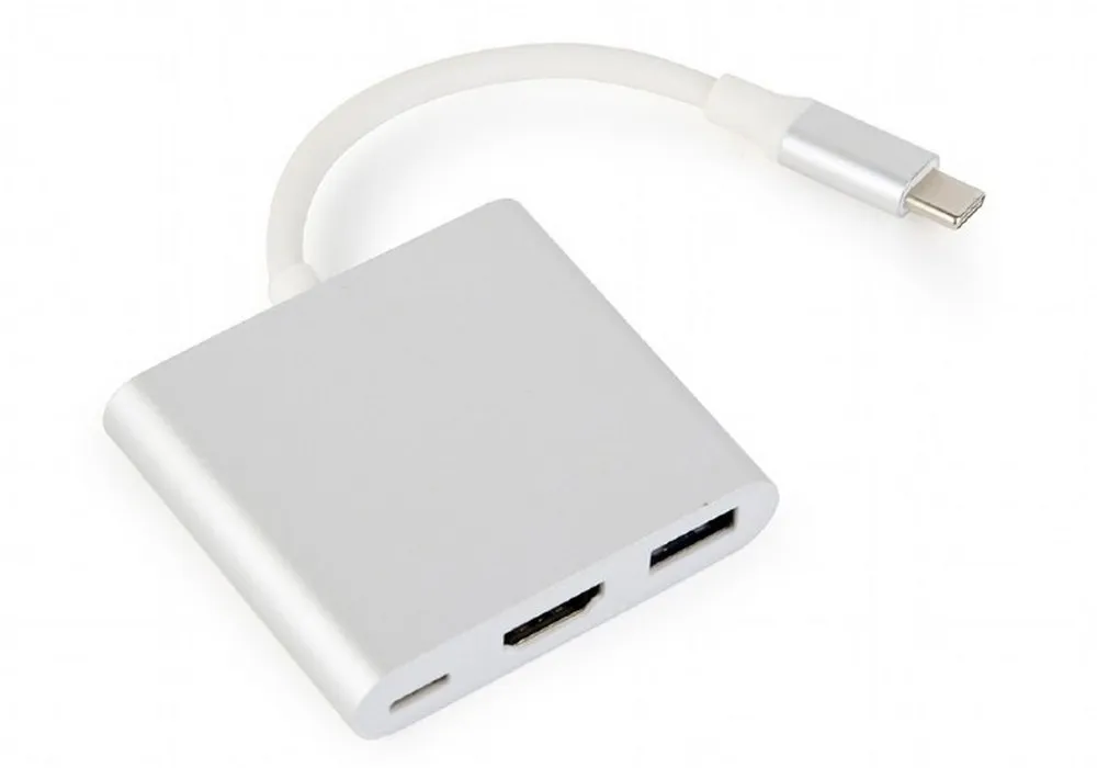 Adapter 3-in-1 Type-C to HDMI/USB/Type-C sockets, cable 75mm, Silver, Cablexpert A-CM-HDMIF-02-SV