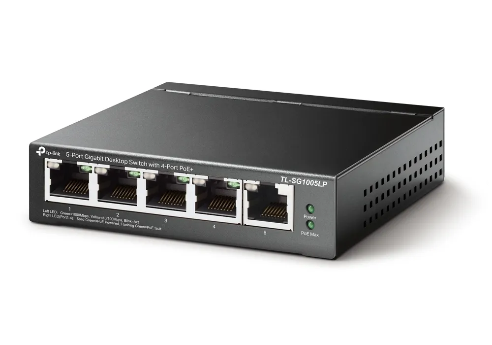 .5-port Gigabit Switch TP-LINK "TL-SG1005LP", with 4-Port PoE, steel case, 40W Budget