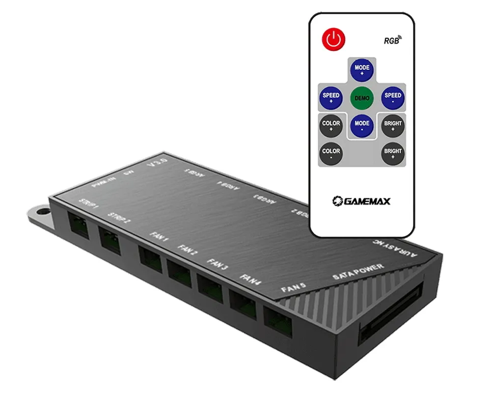 Fan Hub Gamemax Controller v3.0, 5 ports, 2 strips(3-pin), up to 24W, ARGB, PWM, Remote Control