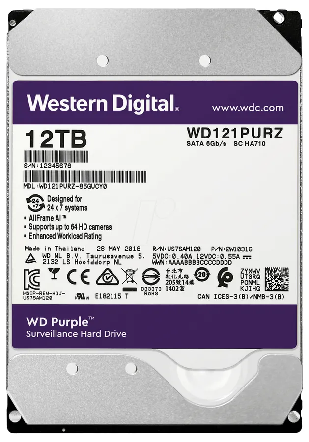 3.5" HDD 12.0TB-SATA-256MB Western Digital  "Purple (WD121PURZ)", Surveillance, CMR