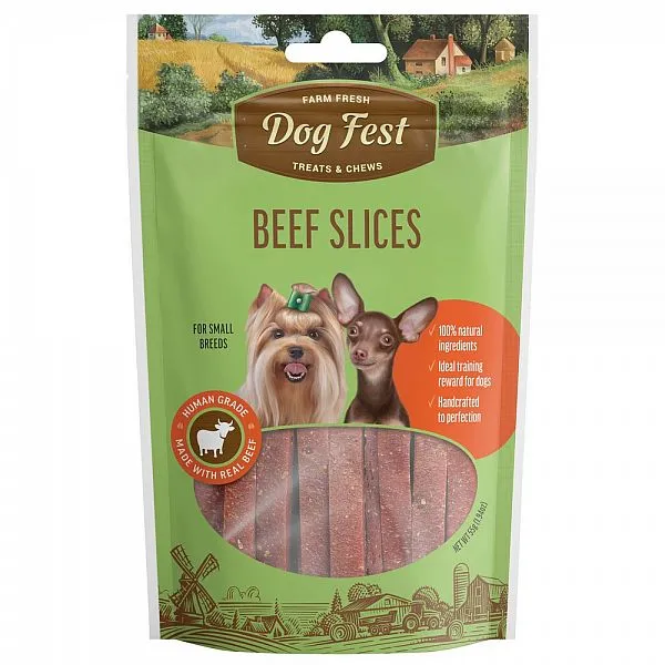 Dog Fest Felii de carne de vită de fermă, pentru rasele de câini mici și mini, 55g.