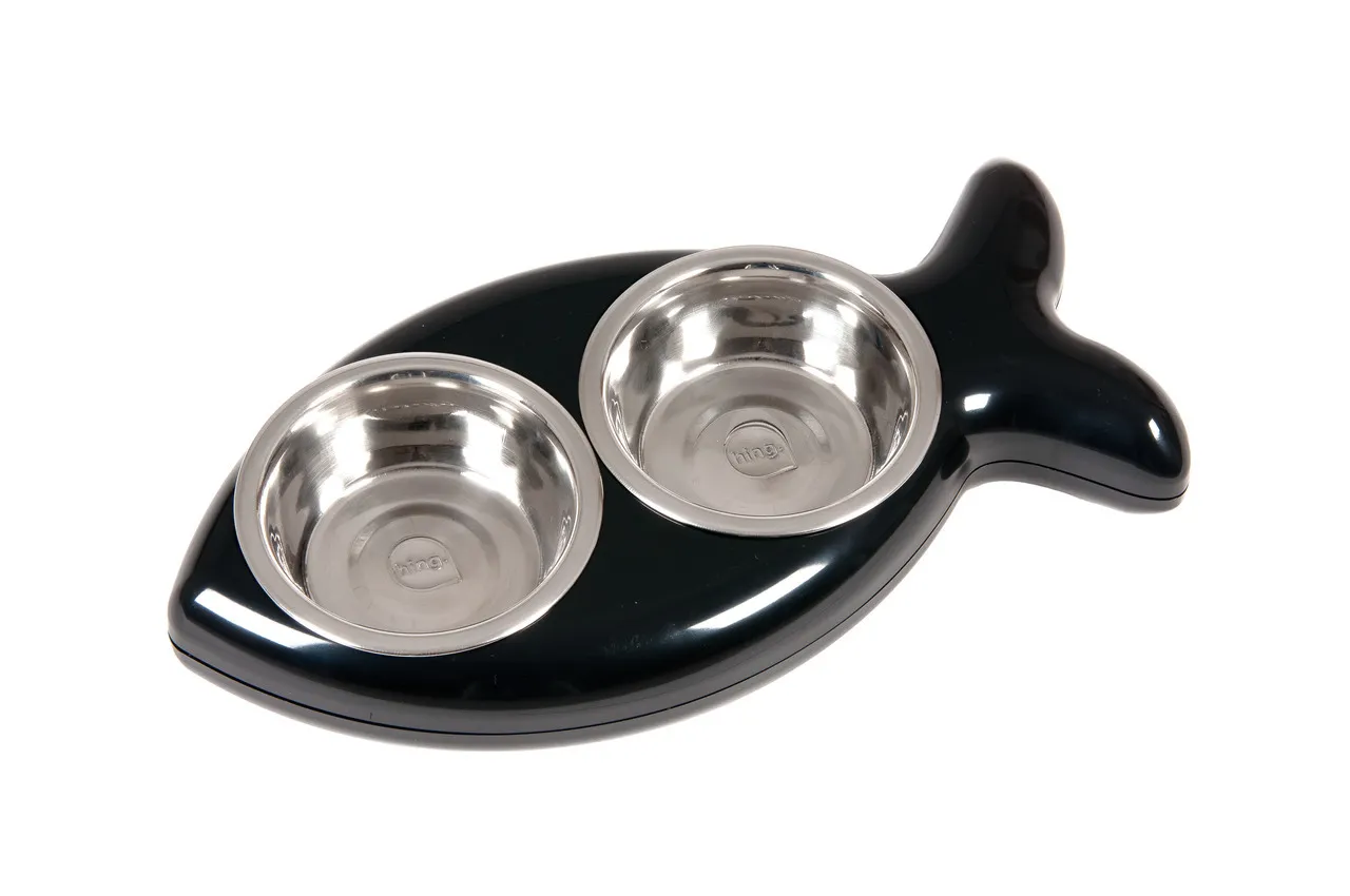 Bol dublu metalic. BOWL FISH 2×0,5L Negru