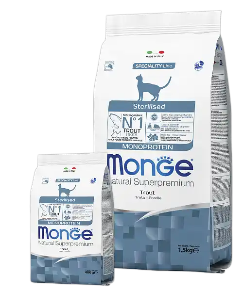 MONGE DRY CAT STERILISED MONOPROTEIN TROUT 1,5kg.