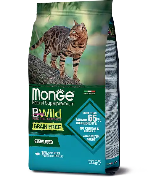 MONGE DRY CAT BWILD GF STERILISED Tuna/Peas 1,5kg