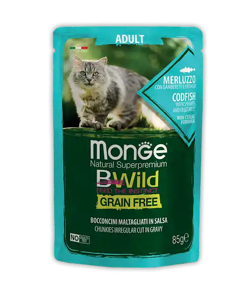 MONGE CAT BWILD POUCH Adult Codfish/Shrimp/Vegetables 85gr