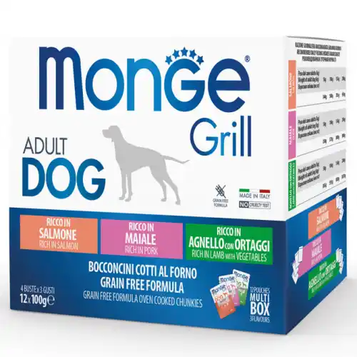 MONGE DOG GRILL MIX BOX ADULT SALMONE/PORK/LAMB 12x100gr.